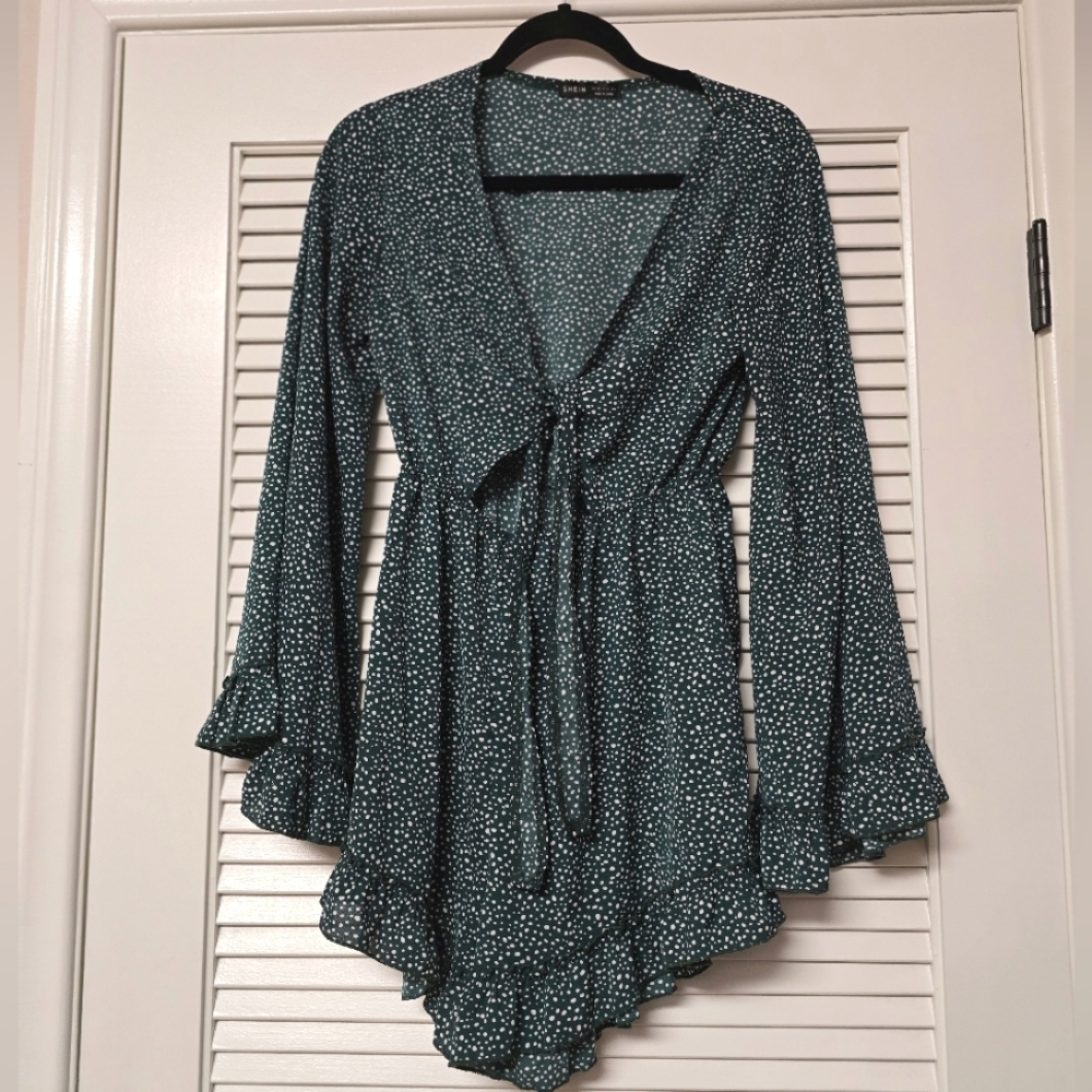 SHEIN - Green & White Polka-Dot Long-Sleeve Lightweight Ruffle Trim Tie Romper